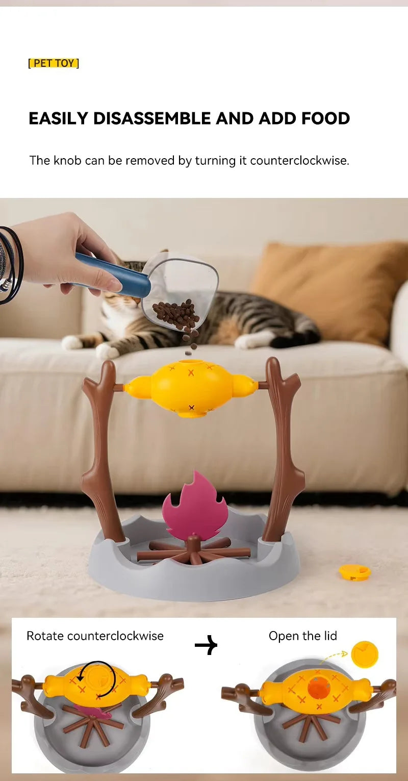 Cat Treat-Dispensing Slow Puzzle Feeder Bowls,Unique Rotatable Roast and Flame,Cognitive Training Game Toys for Indoor Pet
