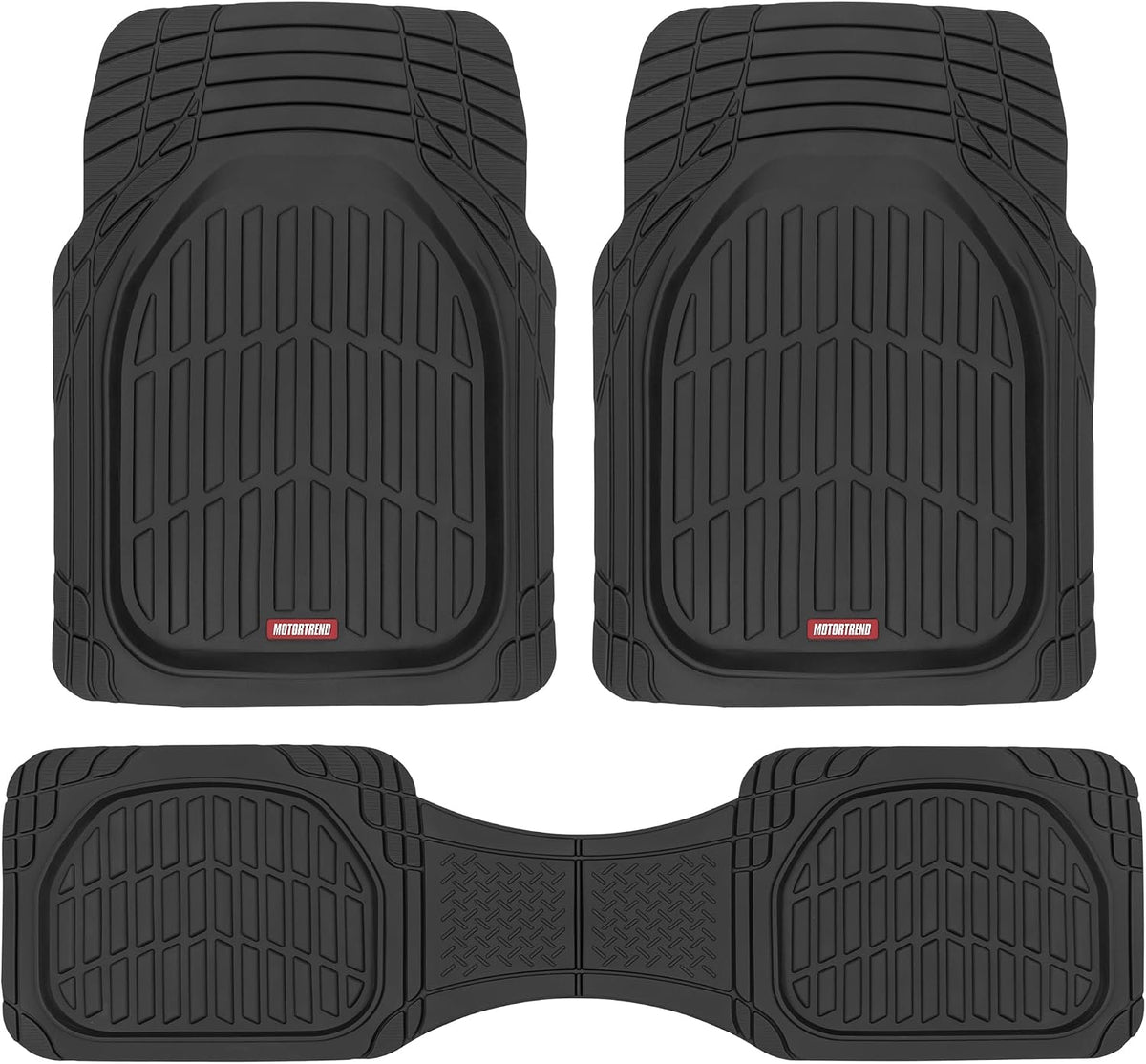 Car floor mats – Black, deep-dish design for all-weather use; waterproof and trimmable to fit cars, pickup trucks, and SUVs; versatile floor mat accessory.