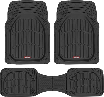 Car floor mats – Black, deep-dish design for all-weather use; waterproof and trimmable to fit cars, pickup trucks, and SUVs; versatile floor mat accessory.