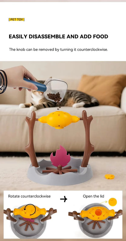 Cat Treat-Dispensing Slow Puzzle Feeder Bowls,Unique Rotatable Roast and Flame,Cognitive Training Game Toys for Indoor Pet