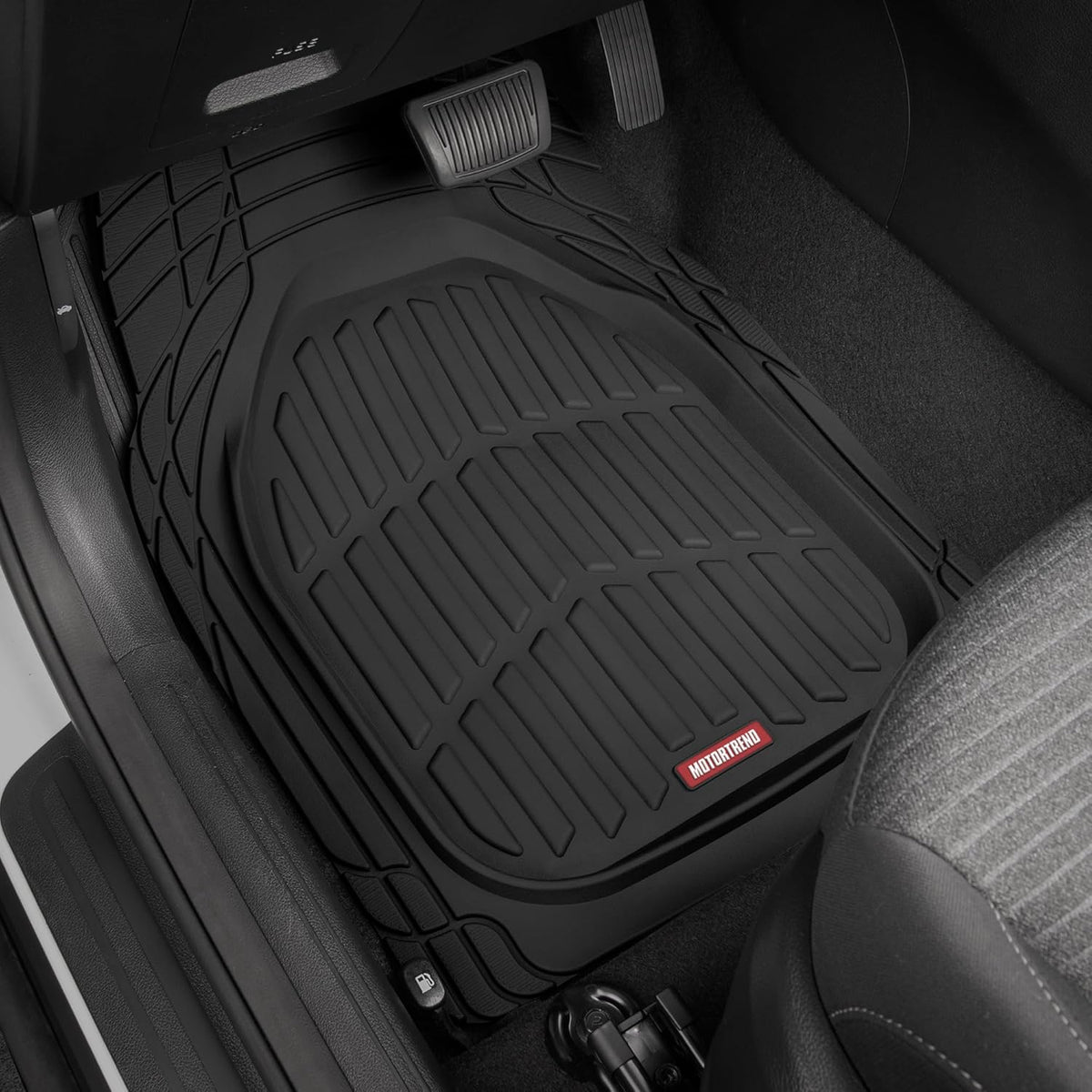 Car floor mats – Black, deep-dish design for all-weather use; waterproof and trimmable to fit cars, pickup trucks, and SUVs; versatile floor mat accessory.