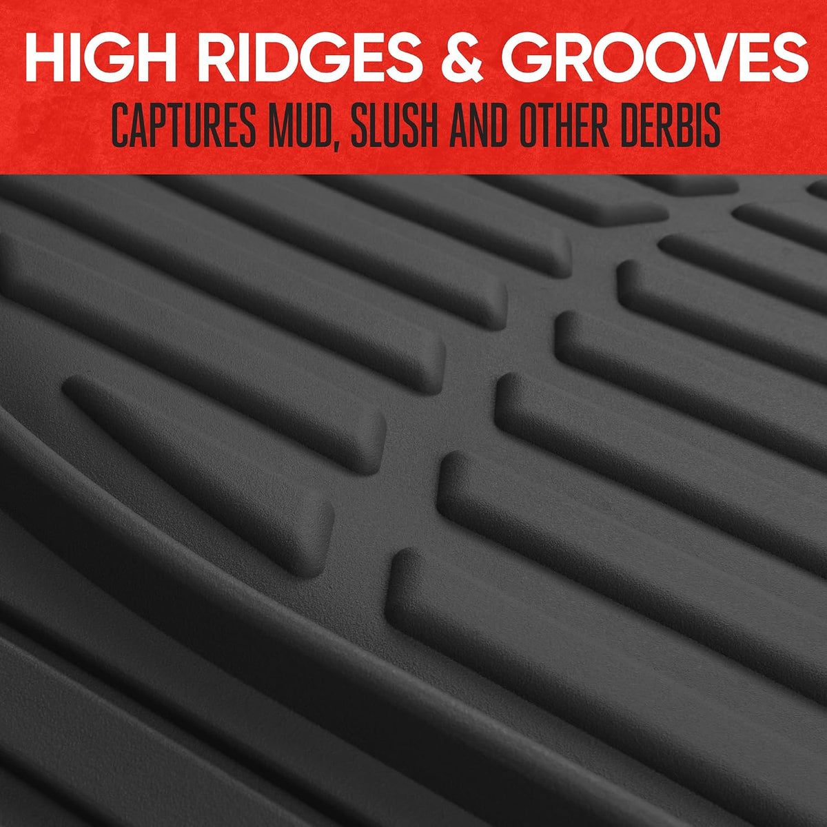 Car floor mats – Black, deep-dish design for all-weather use; waterproof and trimmable to fit cars, pickup trucks, and SUVs; versatile floor mat accessory.