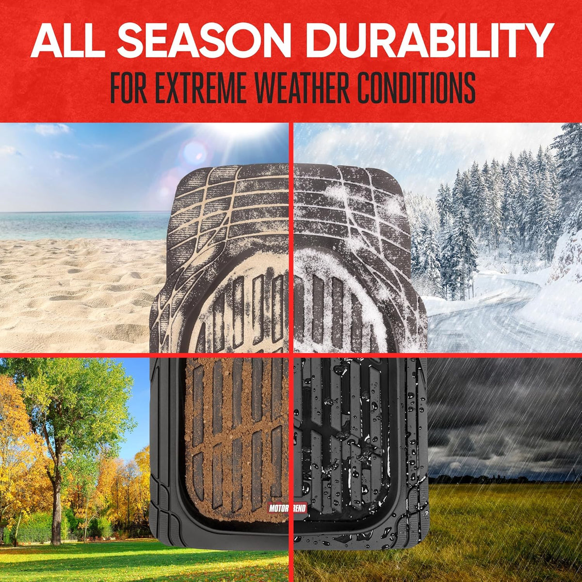 Car floor mats – Black, deep-dish design for all-weather use; waterproof and trimmable to fit cars, pickup trucks, and SUVs; versatile floor mat accessory.