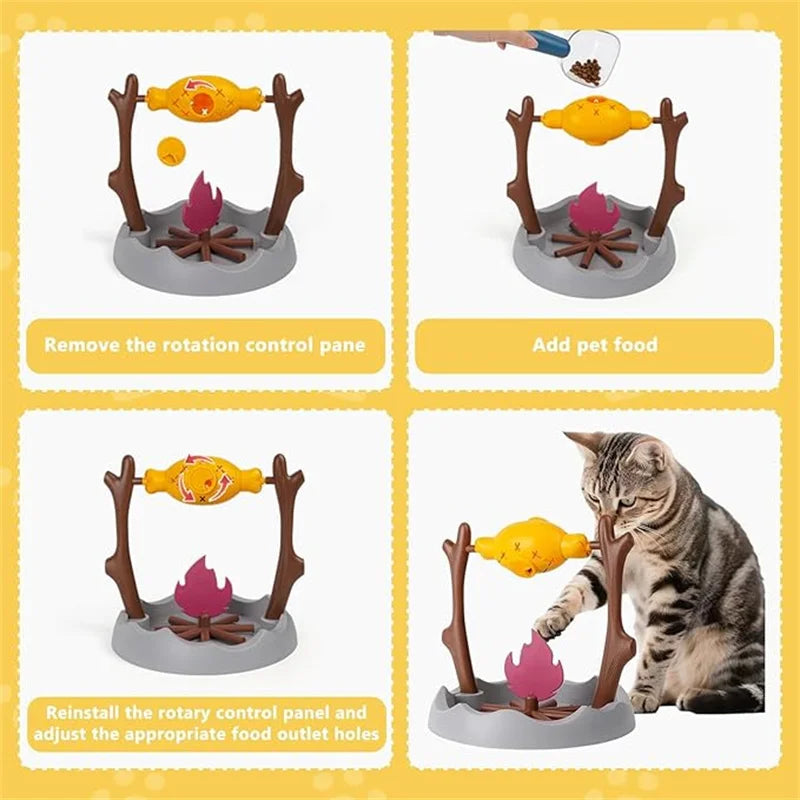 Cat Treat-Dispensing Slow Puzzle Feeder Bowls,Unique Rotatable Roast and Flame,Cognitive Training Game Toys for Indoor Pet