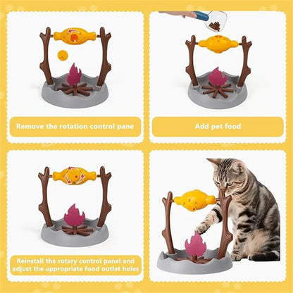 Cat Treat-Dispensing Slow Puzzle Feeder Bowls,Unique Rotatable Roast and Flame,Cognitive Training Game Toys for Indoor Pet