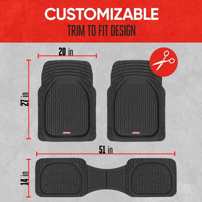 Car floor mats – Black, deep-dish design for all-weather use; waterproof and trimmable to fit cars, pickup trucks, and SUVs; versatile floor mat accessory.