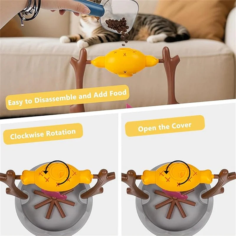 Cat Treat-Dispensing Slow Puzzle Feeder Bowls,Unique Rotatable Roast and Flame,Cognitive Training Game Toys for Indoor Pet