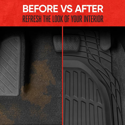 Car floor mats – Black, deep-dish design for all-weather use; waterproof and trimmable to fit cars, pickup trucks, and SUVs; versatile floor mat accessory.
