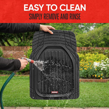 Car floor mats – Black, deep-dish design for all-weather use; waterproof and trimmable to fit cars, pickup trucks, and SUVs; versatile floor mat accessory.