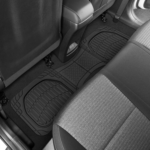 Car floor mats – Black, deep-dish design for all-weather use; waterproof and trimmable to fit cars, pickup trucks, and SUVs; versatile floor mat accessory.