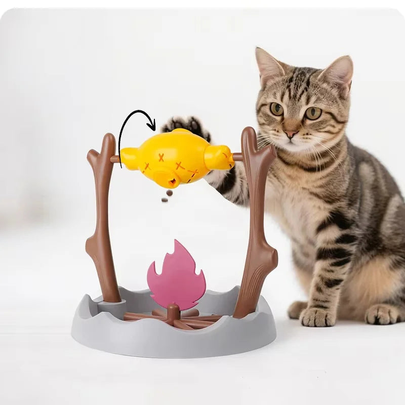 Cat Treat-Dispensing Slow Puzzle Feeder Bowls,Unique Rotatable Roast and Flame,Cognitive Training Game Toys for Indoor Pet